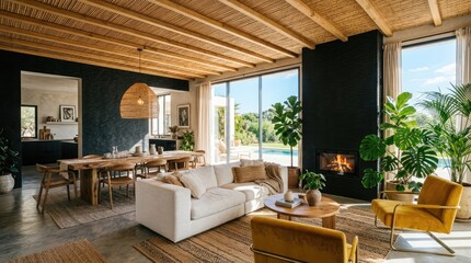 Fototapeta premium Modern open living room with wood ceiling and fireplace.