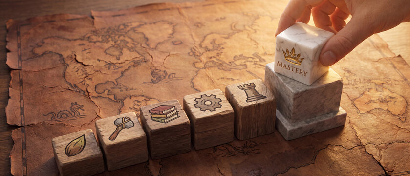 Conceptual image of human progress and mastery, representing the evolution from primitive tools to strategic wisdom on a map