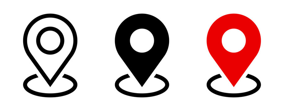 Map pin icon set. Location, pointer, marker, GPS, geolocation symbol on white background - stock vector.