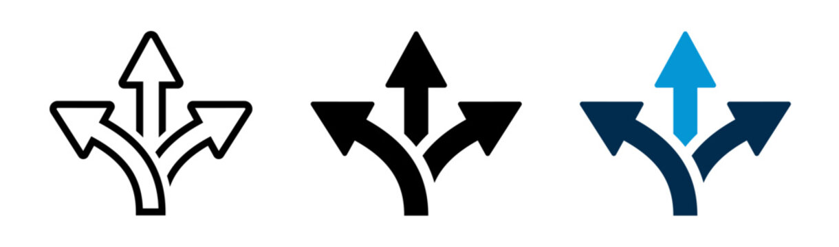 Choice between three roads icons. Three-way directional arrow collection. Way, road, direction, branching, arrows - stock vector.