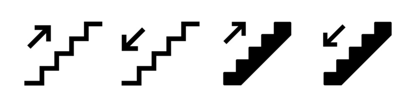 Stairs icon set. Steps, stairwell, staircase, stair, upward, downward, stairway symbol on white background - stock vector.