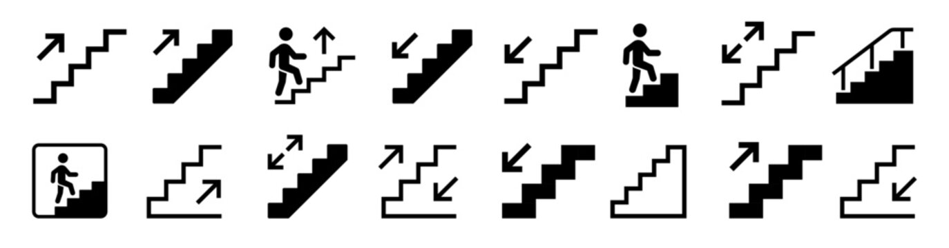 Stairs icon set. Steps, stairwell, staircase, stair, upward, downward, stairway symbol on white background - stock vector.