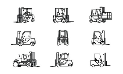 Fototapeta premium Forklift Outline Vector Icon Pack for Warehouse Logistics and Material Handling