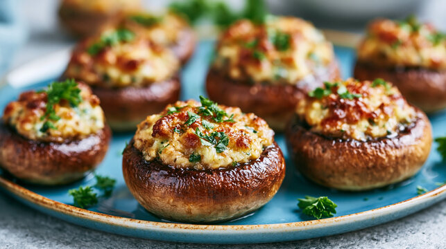Delicious roasted mushrooms stuffed with savory filling served on blue plate.
