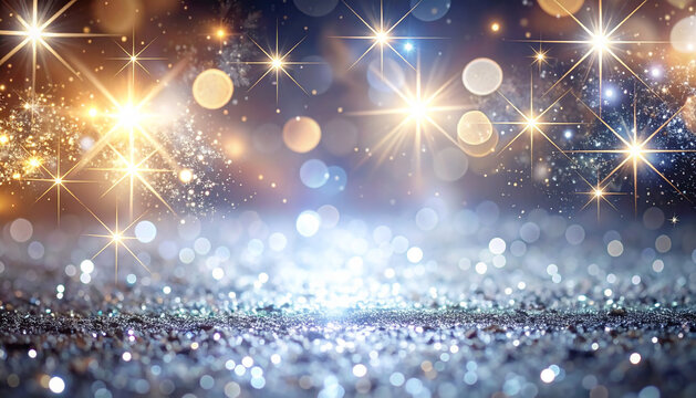 Dazzling blue silver glitter sparkles magic starry lights glowing bokeh background festive holiday celebration glowing radiance winter season night magic shine stars