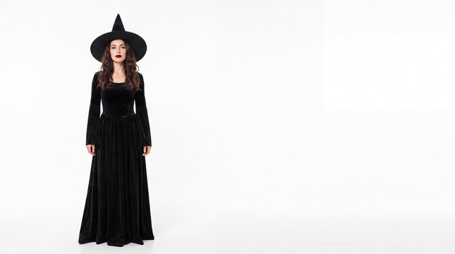 A young Caucasian woman stands in a long black dress and a witch hat. She has long dark hair and a serious expression. The background is plain white.