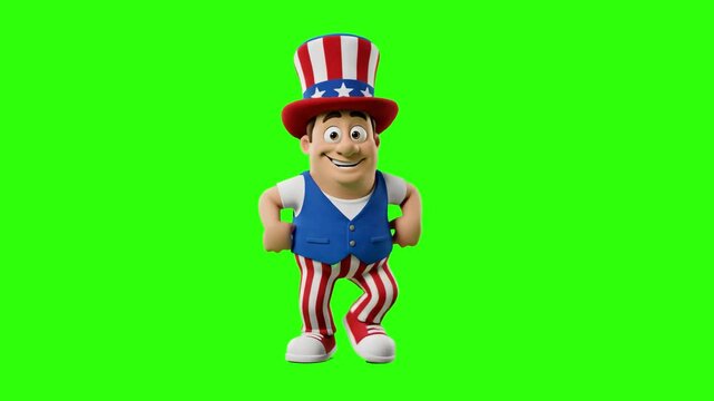 A friendly 3D cartoon Uncle Sam character wearing a top hat and patriotic vest, jumping in place on a green screen background. Excellent for 4th of July celebrations, election coverage, patriotic camp