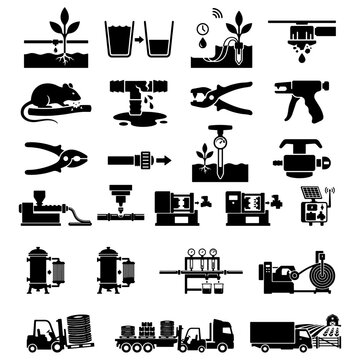 Agricultural Drip Irrigation System Equipment and Pipe Maintenance Silhouette Set 2
