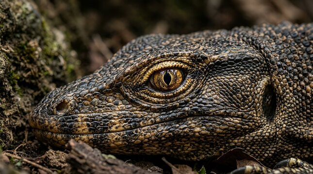 Close-up macro of detailed lizard eye and textured scales in natural forest setting