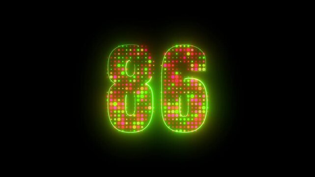 Digital number 86 glowing neon animation designed with dual red green LED halftone dots effect on clean black surface 4k video