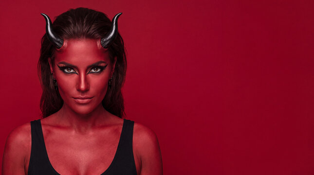 A young Caucasian woman with red skin and devil horns poses against a solid red background. She has dark hair and striking eyes, creating a bold Halloween look.