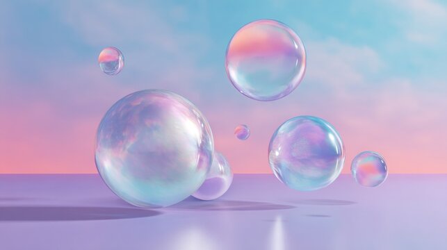 Several iridescent spheres float against a pastel, gradient sky. Bubbles reflect the vibrant colors of the dawn and dusk hues