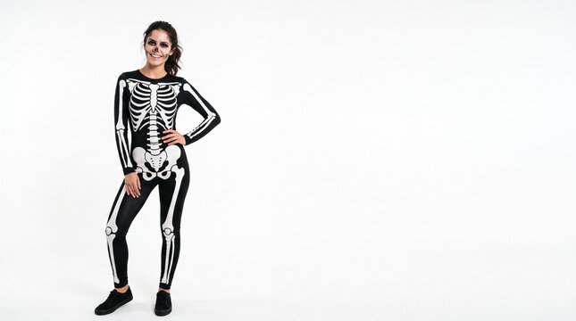 A young Hispanic woman poses in a black skeleton costume with white bone prints. She has long dark hair and is smiling against a plain white background.