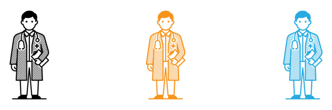 Three cartoon people in lab coats standing side by side
