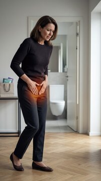 Woman health issue: urinary leakage, bladder control, pelvic muscle, weakness symptom, micturition problem, urge difficulty, stress situation, involuntary void, discomfort feeling.