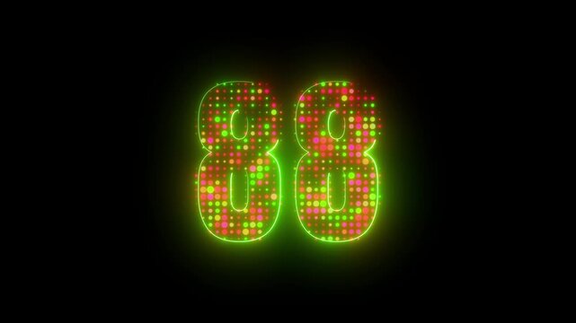 Bright neon green number 88 typography loop featuring glowing contour frame and pulsing disco led dot grid matrix 4k video	