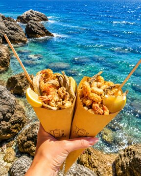 Hand holding fried seafood cones by ocean