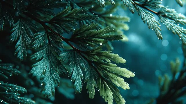 Close-up static shot: Wet green fern leaves with water droplets. The background is blurred in dark teal and blue tones.