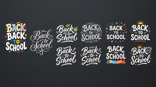 Set of creative hand drawn back to school lettering designs isolated on a dark chalkboard background for educational seasonal marketing projects