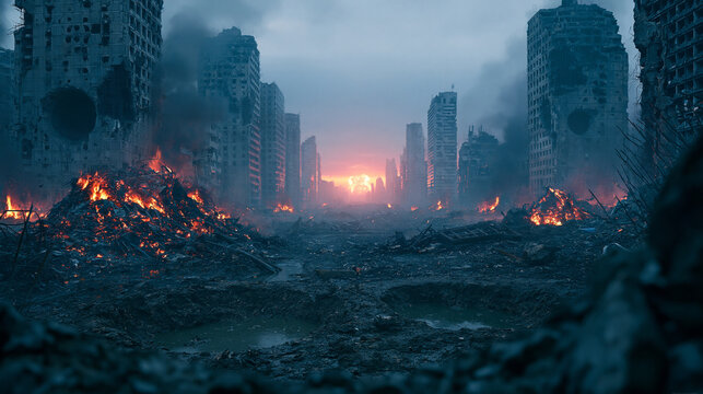Destroyed city street scene with fires and smoke under overcast sky.