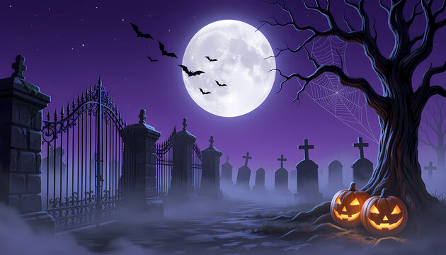 Happy halloween spooky graveyard scene with jack o' lanterns bats and full moon