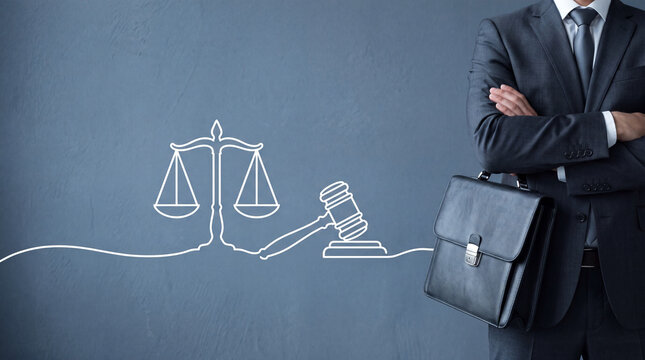 Lawyer standing with briefcase. Professional attorney with legal scales and gavel icon.