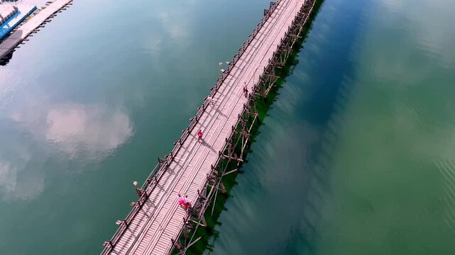 Aerial view of Mon Bridge (Saphan Mon) in Sangkhla Buri, Kanchanaburi Province, Thailand