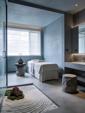 English: Blue Luxury SPA Homestay Guest Room Real Shot Set Modern Minimalist Wellness Massage Room Interior Photography E-commerce Hotel Promotion Background Material