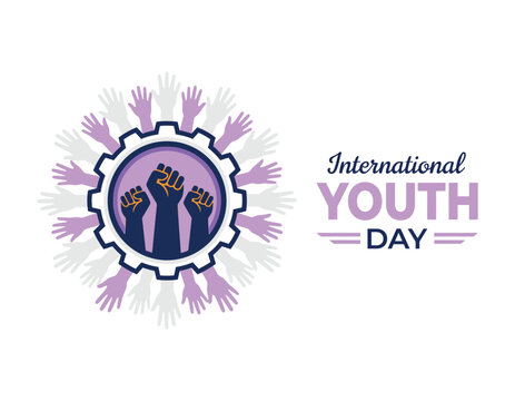 International youth day vector illustration with raised fists and gear
