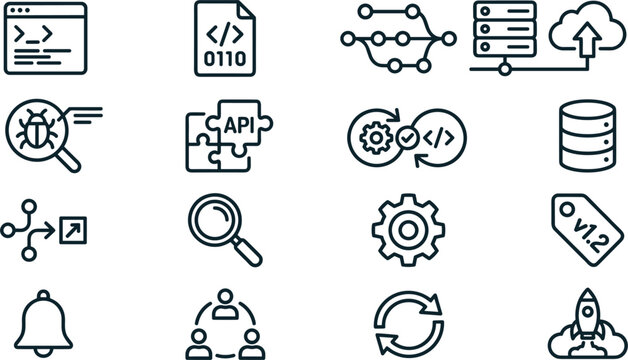 Web Development and DevOps Engineering Icon Set Featuring Application Programming Interface Cloud Hosting Database Management Code Branching Debugging and Agile Workflow Symbols