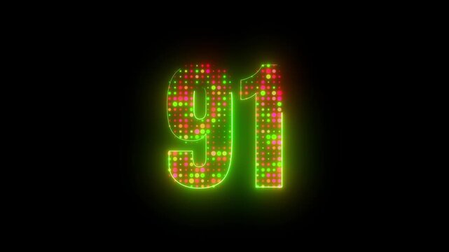 Bright neon number 91 glowing green led light halftone dot pattern animation on black background typography 4k video