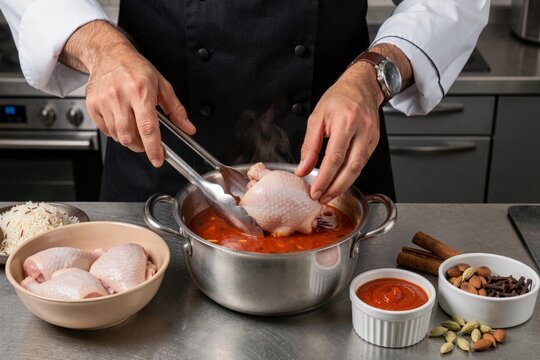Chef stirring pot of Kabsa, fragrant rice with chicken, tomato sauce, spices in modern kitchen. Concept of culinary art featuring fragrant rice with chicken tomato spices.