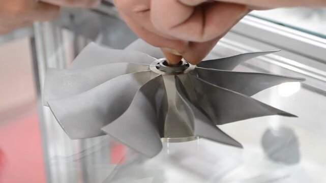 Person spinning propeller in fingers his hands printed on 3D printer from metal powder. Man spinning 3D-printed model from metal powder in fingers. Selective Laser Melting SLM Additive manufacturing