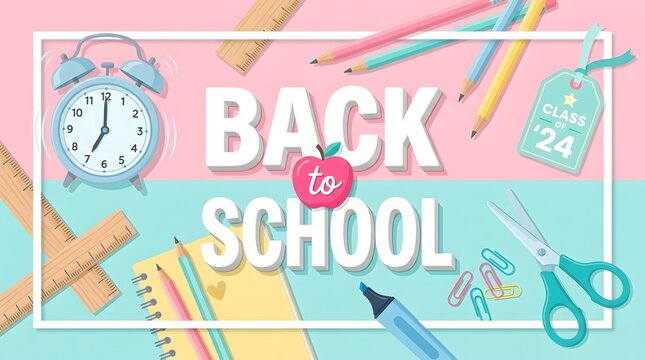 Pastel colored background with school stationery and supplies featuring a back to school text design for students and educational projects