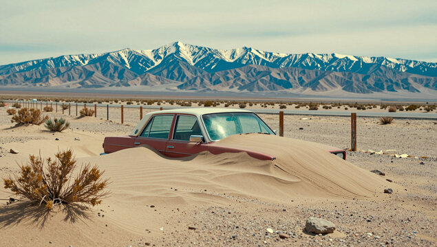 Red car buried in sand dunes against a mountain backdrop.