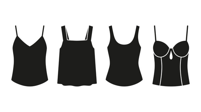 Women's tank top and camisole lingerie silhouette icon set.