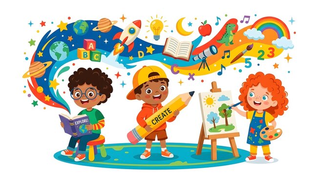 Colorful illustration of happy diverse children engaged in creative learning activities for a fun back to school educational season concept design
