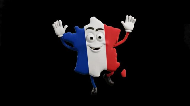 A friendly 3D France country map character decorated with the French tricolor flag dancing joyfully with open arms isolated against a sleek black background. Suitable for European geography videos, Fr