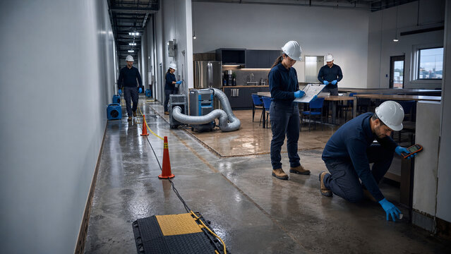 Professional restoration technicians inspect and dry a flooded commercial interior using industrial equipment, safety gear, and moisture testing tools.