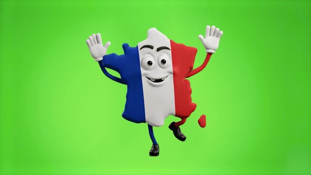 A happy 3D cartoon France map outline filled with the French tricolor flag jumping in place with raised hands, isolated on a chroma key green screen background. Ideal for French language promos, trave