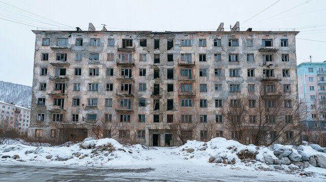 Dilapidated abandoned apartment building in snowy winter landscape under grey overcast sky.