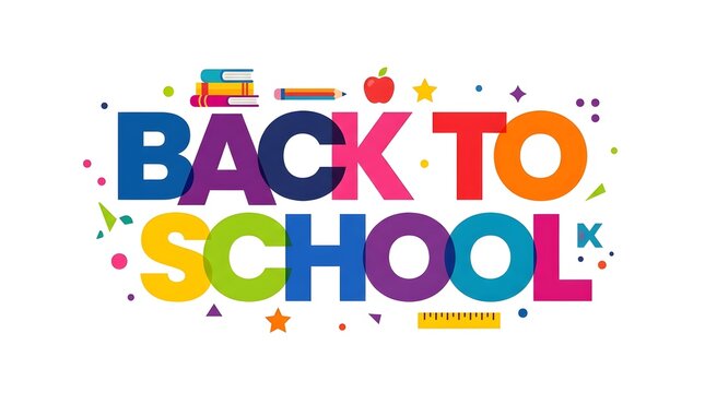Colorful back to school text design with educational icons and confetti elements isolated on a white background for seasonal academic promotion