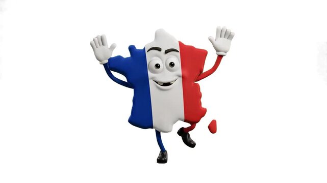 A fun 3D animated character representing the map of France in French flag colors is dancing with raised arms against a clean white background. Perfect for European travel promos, educational media, an