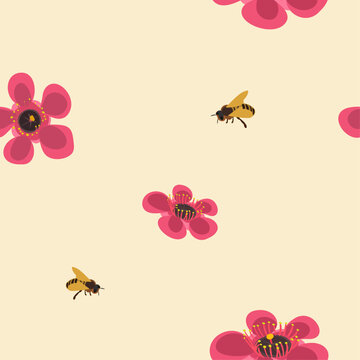 Seamless New Zealand pattern with pink manuka blossoms and honey bees minimalist vector background packaging design
