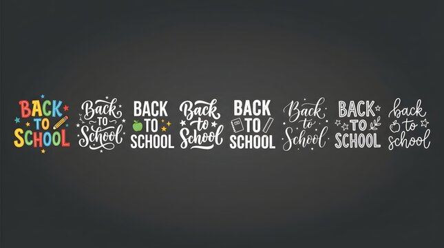 Collection of creative back to school typography designs featuring various artistic lettering styles isolated on a dark chalkboard background for education