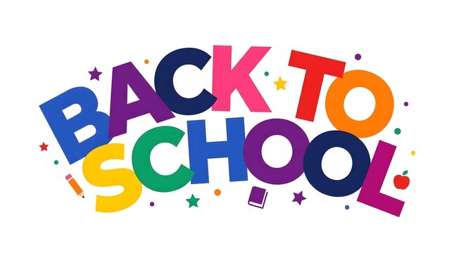 Colorful back to school text design with playful letters and decorative stars isolated on a clean white background for educational projects