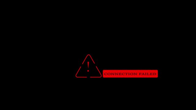 Minimal animated red warning icon with "CONNECTION FAILED" message displayed on a black background, illustrating internet connectivity failure, network interruption and digital system alert.