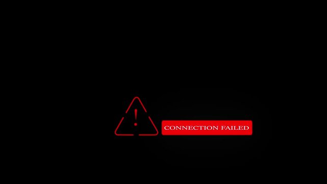 Animated red warning triangle with exclamation mark and "CONNECTION FAILED" notification on a black background, representing network failure, internet connection error, problem and system alert.