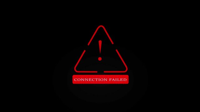 Large glowing red warning triangle with exclamation mark and "CONNECTION FAILED" text animation centered on a black background, symbolizing internet failure, network interruption and technical error.