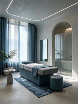 English: Blue Luxury SPA Homestay Guest Room Real Shot Set Modern Minimalist Wellness Massage Room Interior Photography E-commerce Hotel Promotion Background Material